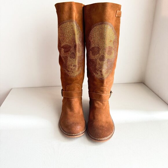 Vintage Y2K Zigi Girl Brown Suede Bedazzled Skulls Tall Boots 8.5 - Picture 1 of 11
